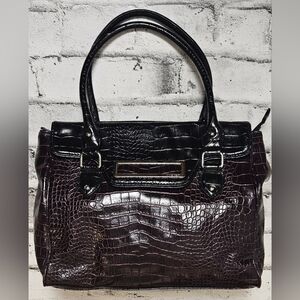 Nine West Croc Embossed Satchel Bag Black Patent Shoulder Handbag